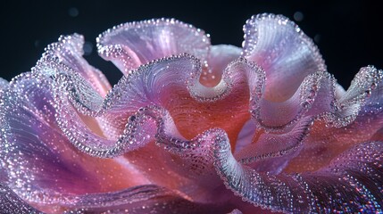 Obraz premium Ethereal translucent flower with vibrant colors and delicate water droplets captured in stunning close-up against dark background