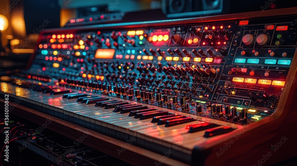 Poster illuminated synthesizer with numerous knobs and keys in a recording studio.