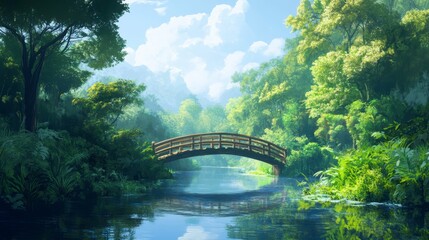 Serene wooden bridge over calm river in lush green forest.