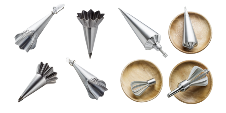 variety of stainless steel piping tips and nozzles, perfect for cake decorating, frosting, and other baking applications.
