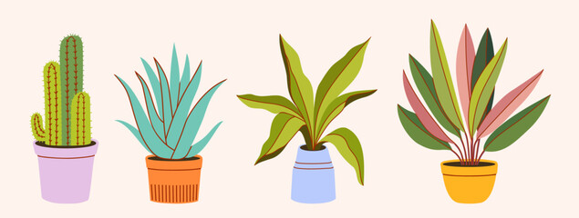 Set of plants in a colorful pot. Minimalist Flat vector illustration. Perfect for botanical designs, home decor, and eco-friendly themes.