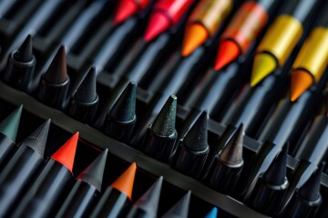 A close-up view of various colored crayons neatly arranged in a tray