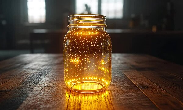 Illuminated mason jar on a wooden table