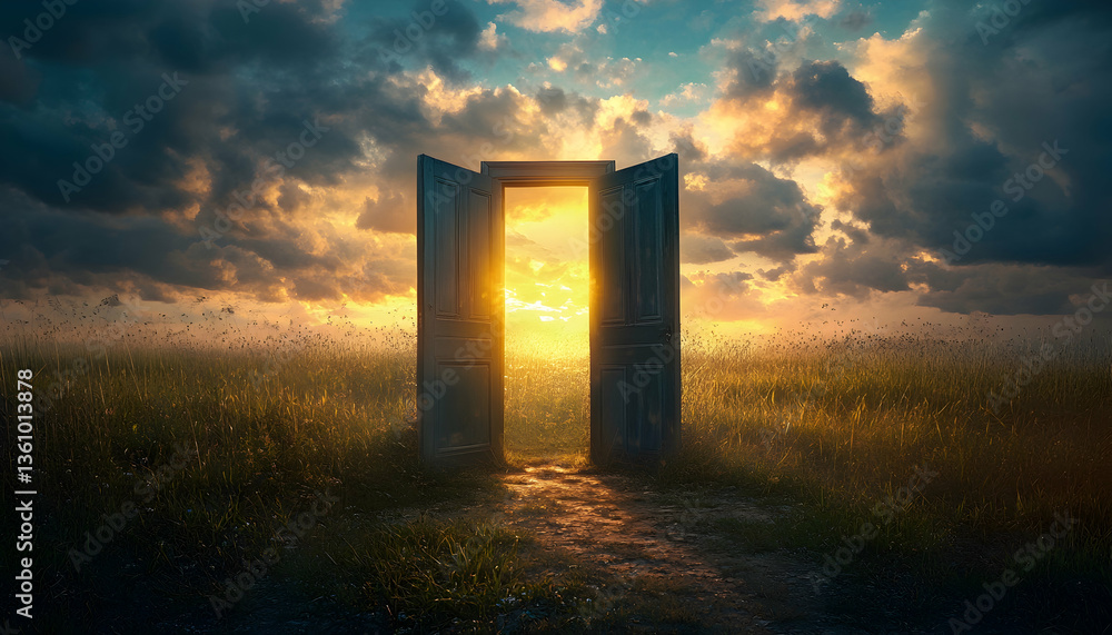 Poster light shining through an open door in a daytime field landscape -