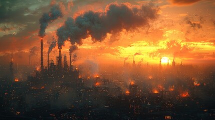 Fototapeta premium Apocalyptic sunset over an industrial city shrouded in smoke and pollution.