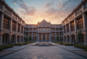 Obraz premium Elegant Building Courtyard at Sunset with Classical Architecture and Gardens