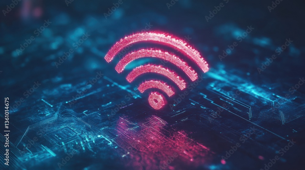Poster vibrant digital wi-fi signal icon on futuristic technology background with neon colors and circuit p