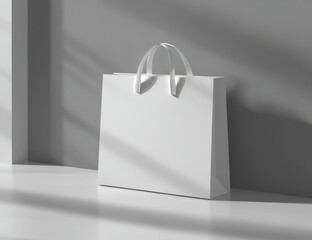 Minimalist White Shopping Bag on Neutral Background with Shadows for Branding