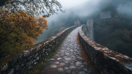 Fototapeta premium Misty autumn morning view of an ancient stone bridge leading to a castle ruin in the fog.