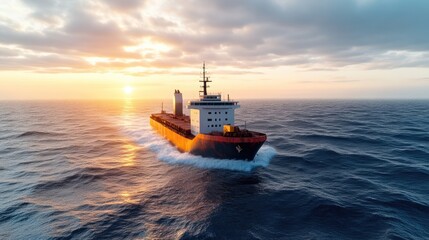 Fototapeta premium Cargo ship at sunset. Large vessel navigating open ocean