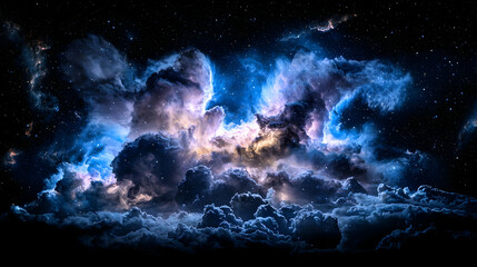 Dark Blue Night Sky with Luminous Clouds and Stars
