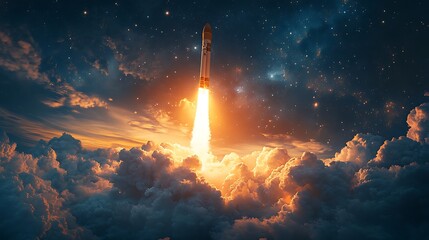 Rocket Launching into Starry Night Sky, A rocket launching into space with a fiery trail, surrounded by clouds and stars