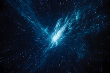Blue cosmic energy burst, space travel, starfield background, science fiction