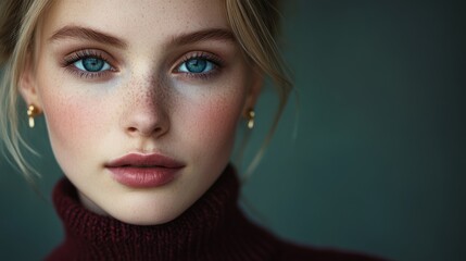 Close-up portrait of young caucasian female with freckles and blue eyes in maroon turtleneck