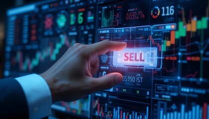 Hand Pressing Sell Button on Futuristic Stock Market Trading Interface