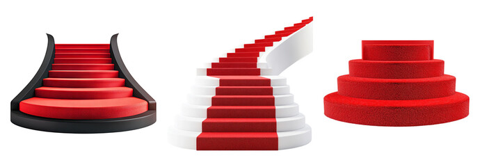 Elegant Red Carpet Staircases for Grand Events and Celebrations, PNG bundle collection, Isolated on Transparent Background