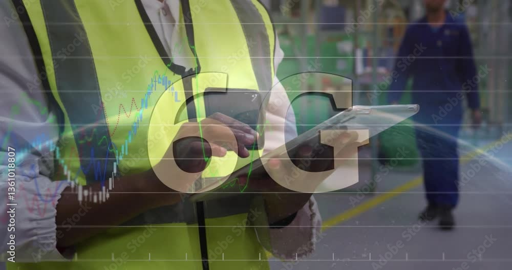 Poster using tablet with 6g technology, person in safety vest viewing data animation