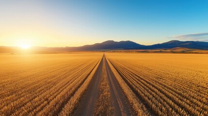 Fototapeta premium Golden field road at sunrise scenic landscape photography rural environment panoramic view tranquil beauty
