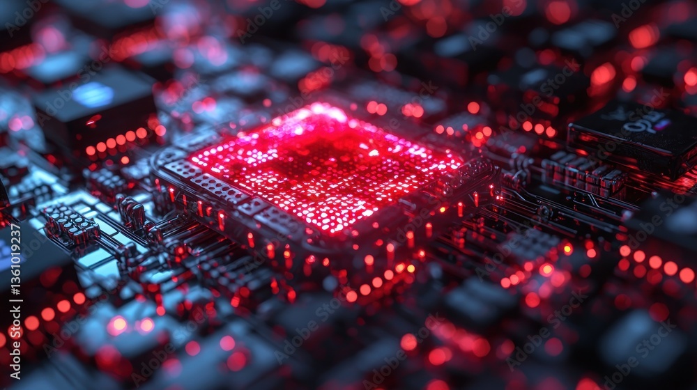 Aufkleber close-up of a glowing red cpu on a circuit board.