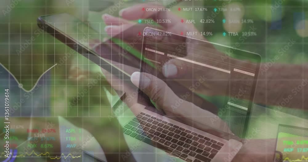 Poster hands using laptop and tablet with financial data processing animation overlay