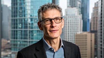 Business leader discusses innovation strategies urban office professional portrait corporate environment close-up view leadership concept