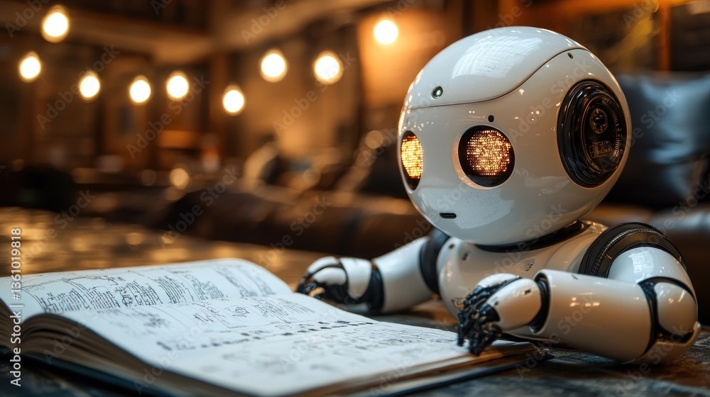 Poster robot reading a book in a cafe.
