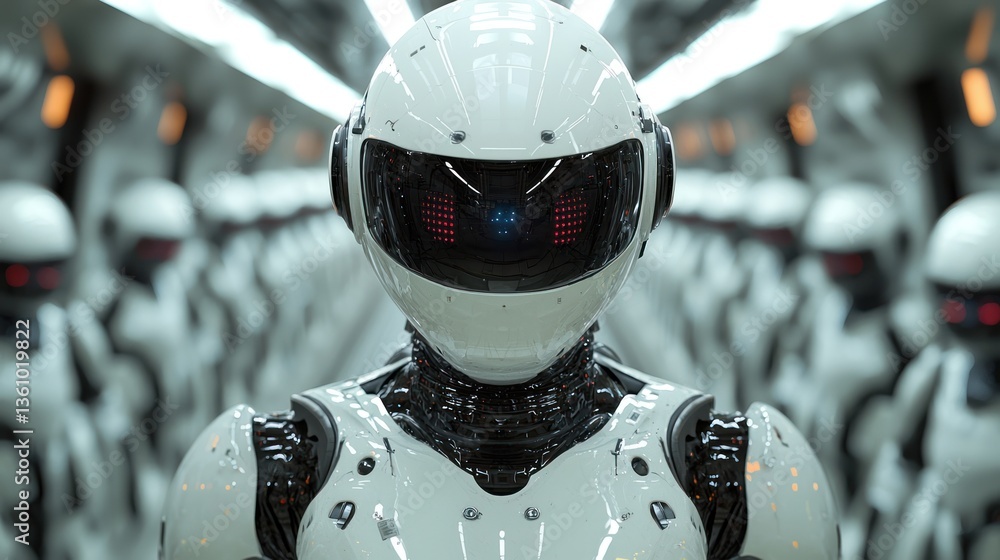 Poster futuristic robot in white suit stands in line of similar robots.
