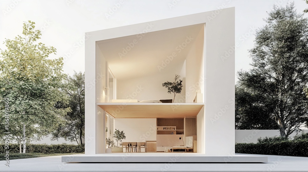 Poster modern minimalist two-story house with a simple design surrounded by trees and nature