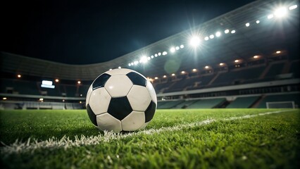 Fototapeta premium A soccer ball sits on the grass field of a stadium illuminated by bright lights at night time view
