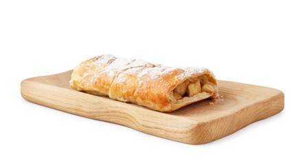 Delicious strudel with apples and powdered sugar isolated on white