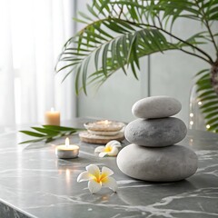 A zen scene with stacked stones, candles, and frangipani flowers on a marble surface near a palm plant