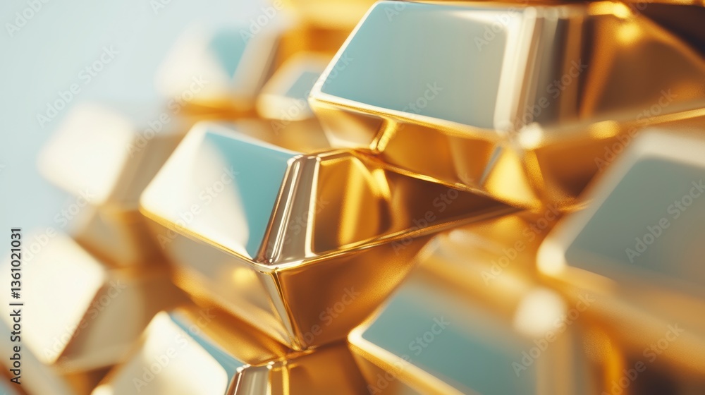 Poster close-up of shiny gold bars stacked in a pyramid shape, reflecting light.