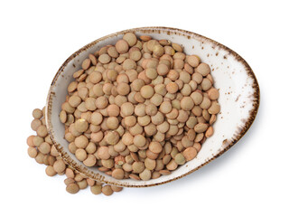 Raw lentils in bowl isolated on white, top view
