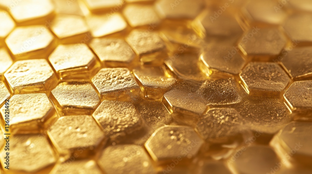 Poster Close-up of golden honeycomb texture with hexagonal cells and warm lighting.