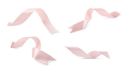 Beautiful light pink ribbons isolated on white, set