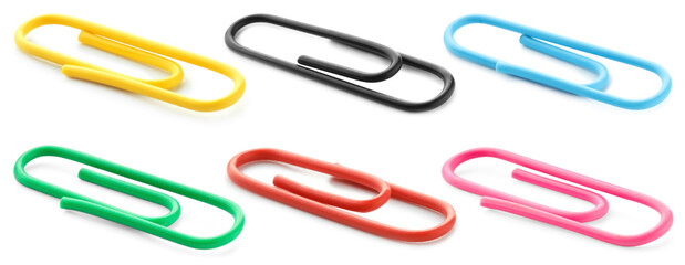 Colorful paper clips isolated on white, set
