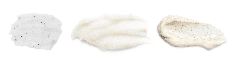 Different samples of natural scrubs on white background, set