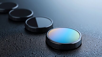 holographic circular graph, with glossy reflections, multicolor glass tone like oil film, over a rich black surface