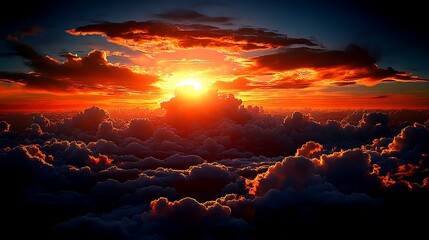 The beautiful sunset is seen from above a blanket of clouds