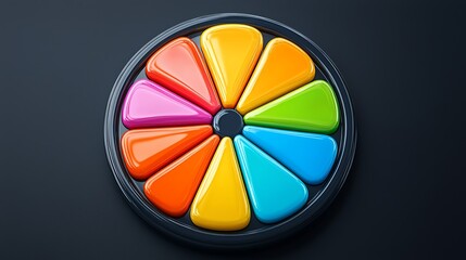 Obraz premium glass-like segmented pie icon, with glossy reflections, pearlescent and chromatic rainbow shine, against a pitch-black backdrop