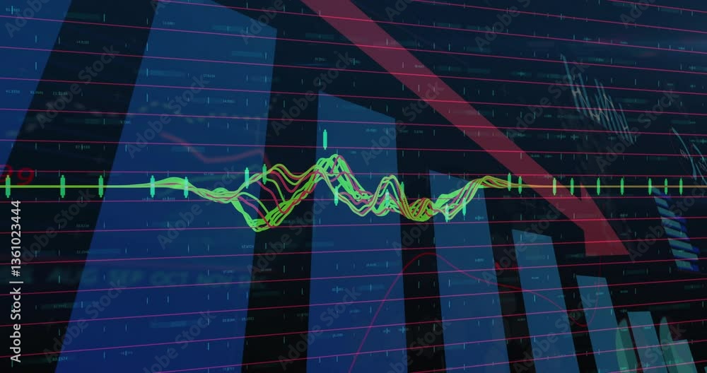 Poster financial graphs and data processing animation overlaying modern architectural structure