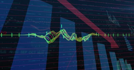 Financial graphs and data processing animation overlaying modern architectural structure - Powered by Adobe