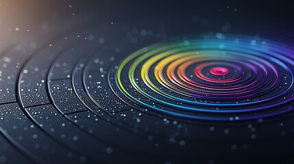 floating 3D ring chart, radiating inner glow, multicolor glass tone like oil film, over a rich black surface