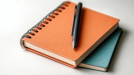 Colorful Notebooks and Pen on White Background