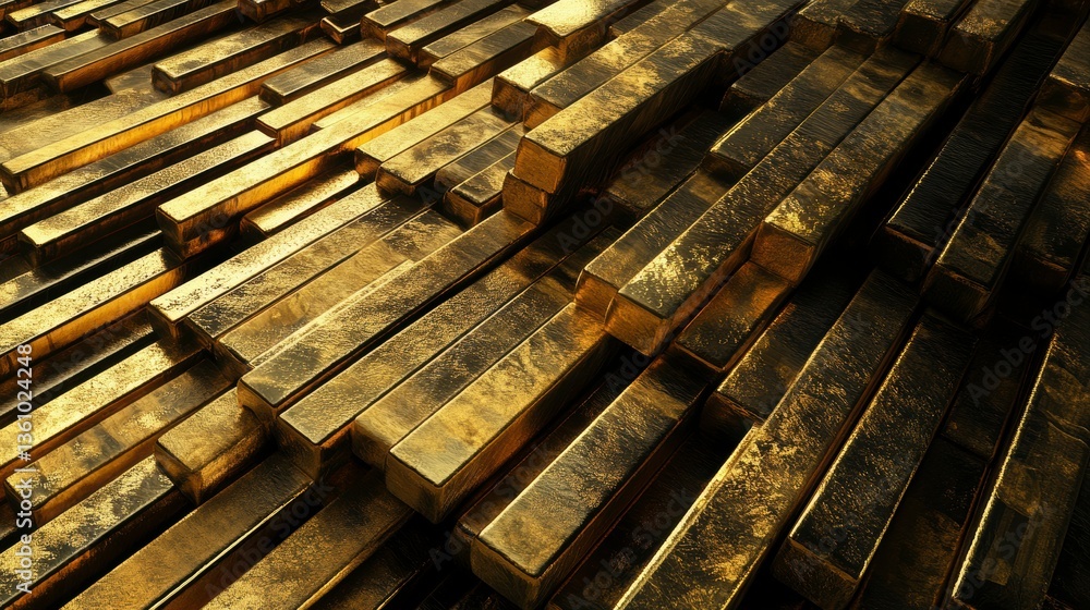 Poster a high-angle, close-up view of a large pile of gleaming gold bars, subtly textured and illuminated b
