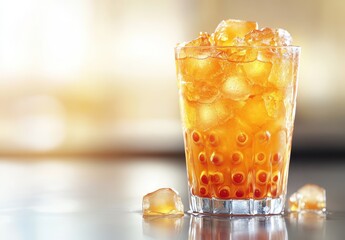 Refreshing Beverage with Colorful Pearls and Ice Cubes in a Bright and Inviting Atmosphere for Summer Enjoyment and Relaxation