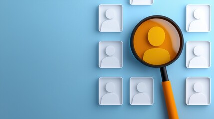 Close up of an orange magnifying glass placed on a blue background surrounded by white geometric shapes arranged in a symmetrical pattern suggesting a scientific or investigative theme