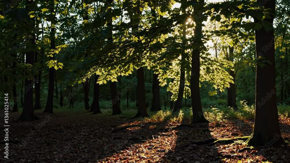 Poster sunlight filters through lush green leaves in a serene forest, captured from a low-angle, creating a