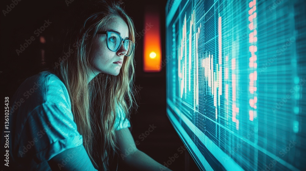 Poster young woman intently studying data displayed on a large screen, illuminated by vibrant teal light. a