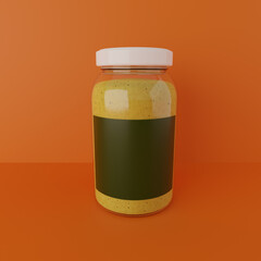 Glass jar with mustard sauce and blank label on an orange background